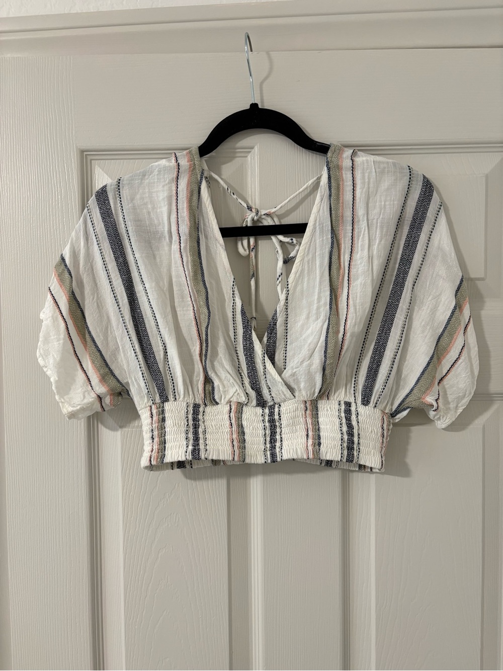 NWOT L Space Cropped Short Sleeve Flowy Beachy Top Stripes Blue White Pink Med